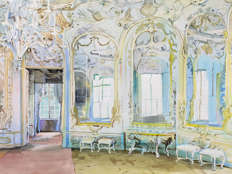 After Amalienburg, 2020, watercolor, gouache, crayon on paper, 45 x 60 cm