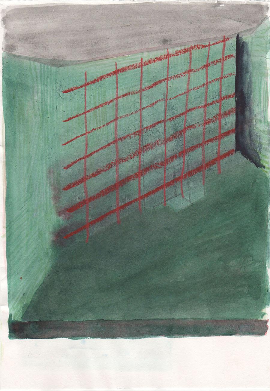 o.T. (rotes Gitter), 2018, Aquarell und Kreide auf Papier, 29,7 x 21 cm